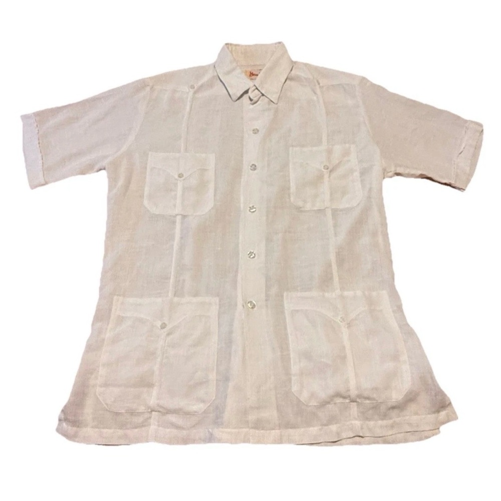 Maya Fiel Guayabera Shirt White Cotton Vintage Men Large 16 - 16.5 Pockets